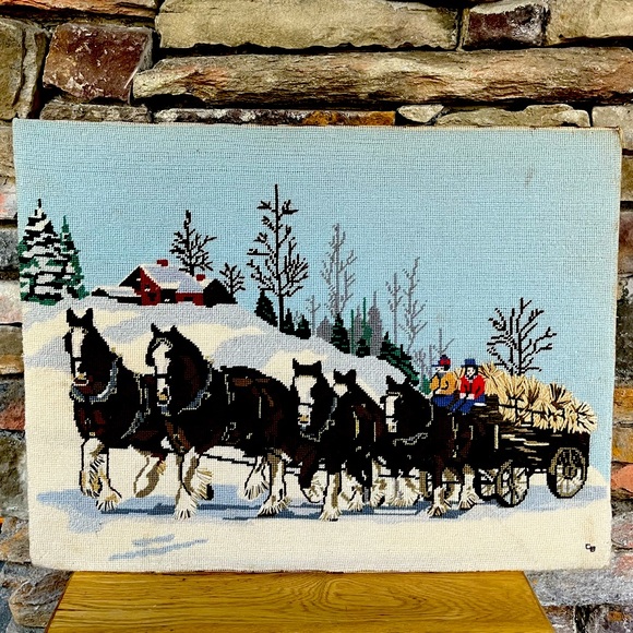 Hand Crafted Other - VTG Needlepoint Clydesdale Horses Winter Wagon Snow